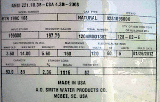 rating-plate-commercial-water-heater Rating plate on a commercial water heater.